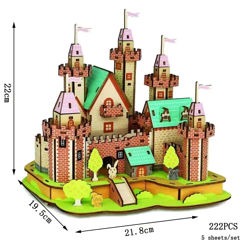 Castle Building Toy Set for Kids | Educational Science Gadgets A detailed image of a castle-themed building toy set with 222 pieces, including towers, walls, trees, and animal figures, designed for educational and creative play.