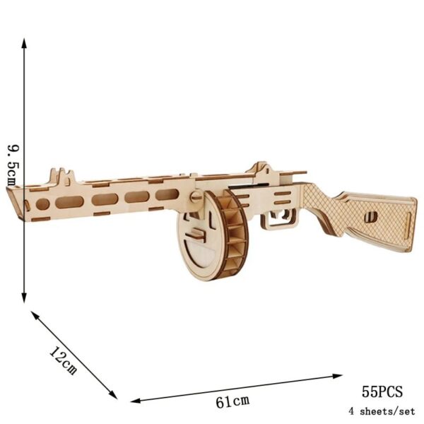 Wooden toy gun model kit measuring 61cm in length, 12cm in width, and 9.5cm in height, designed for educational purposes and decorative display.