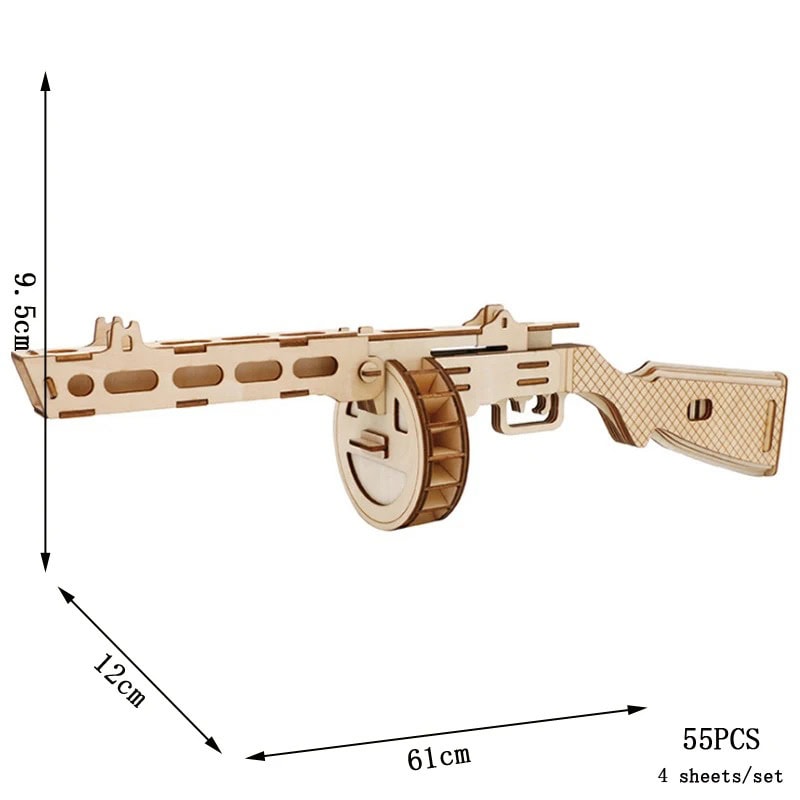 Toy Gun Model Kit for Educational and Decorative Use Wooden toy gun model kit measuring 61cm in length, 12cm in width, and 9.5cm in height, designed for educational purposes and decorative display.