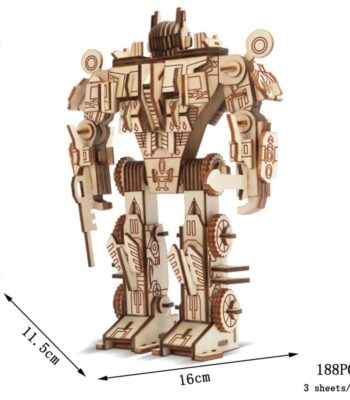 A detailed wooden robot puzzle toy measuring 22.5 cm tall, 16 cm wide, and 11.5 cm deep, featuring 188 pieces for STEM learning and creative play.