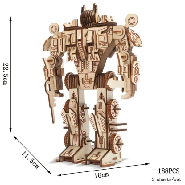 A detailed wooden robot puzzle toy measuring 22.5 cm tall, 16 cm wide, and 11.5 cm deep, featuring 188 pieces for STEM learning and creative play.