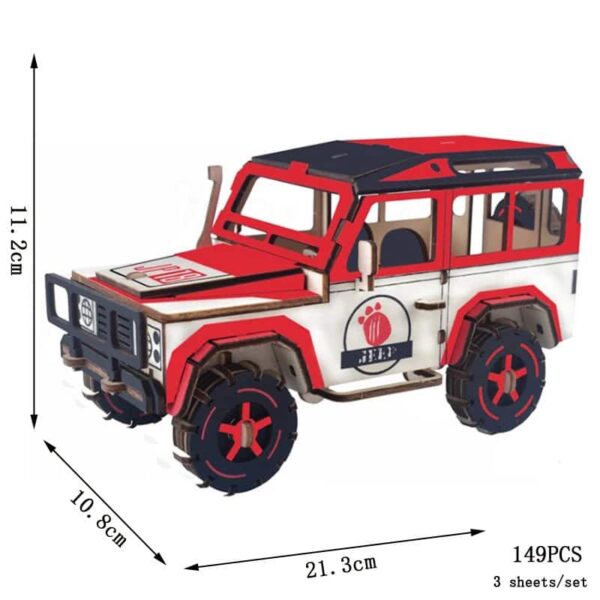 Wooden toy model of an off-road vehicle with red, black, and white details, measuring 11.2 cm in height, 10.8 cm in width, and 21.3 cm in length, suitable for educational play.