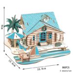 Detailed wooden beach house model with palm tree, deck, and boat, perfect for educational play and decor. Measures approximately 96 cm in height, 15.6 cm in depth, and 16.8 cm in width.