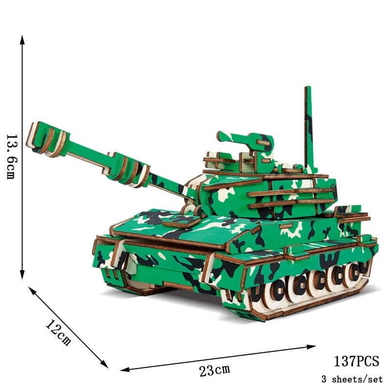 Tank Model Kit - Green Camouflage A detailed green camouflage tank model made of cardboard and wood, measuring 13.6 cm in height, 23 cm in length, and 12 cm in width, with 137 pieces for educational and decorative purposes.