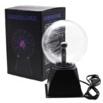 Plasma sphere with a glass globe and black base, showcasing colorful plasma filaments inside, ideal for science decor and educational demonstrations.