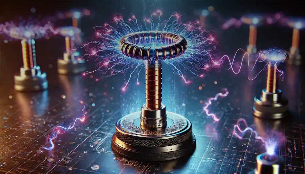 Interactive Tesla coil science kit demonstrating high-voltage electrical sparks and plasma arcs for educational and science decor purposes.