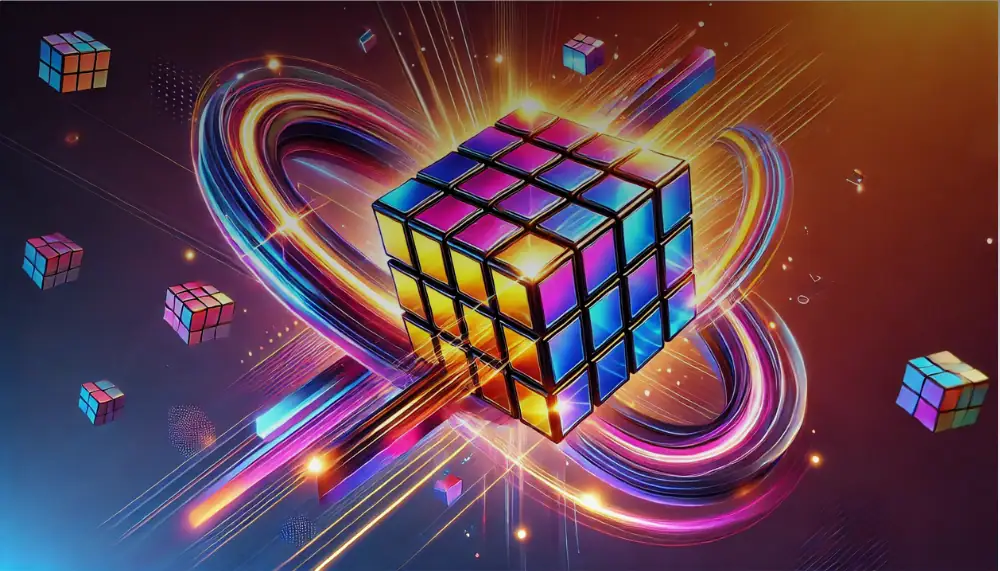 Colorful Rubik's Cube with glowing neon effects and dynamic light trails, surrounded by smaller cubes in a vibrant, futuristic setting.