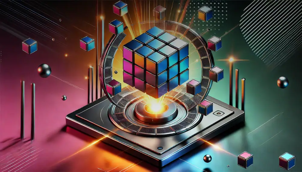 Advanced 3D Rubik's Cube on a futuristic platform with glowing effects.