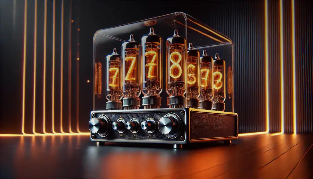 Nixie tube clock displaying glowing orange numerals in a modern setting, showcasing vintage electronic components used for precise timekeeping and decorative purposes.