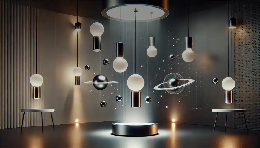 Innovative science decor with floating planets and atomic models for educational and decorative purposes.
