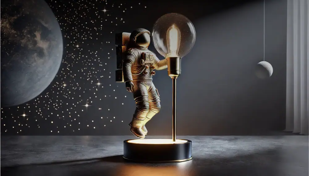 Astronaut figure holding a light bulb lamp, set against a cosmic backdrop with planets and stars, creating a captivating space-inspired decor piece.