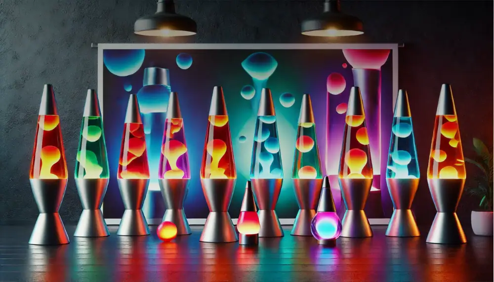 Collection of vibrant lava lamps with colorful wax and glowing neon backdrop, creating a lively and retro ambiance perfect for science decor and educational toy displays.