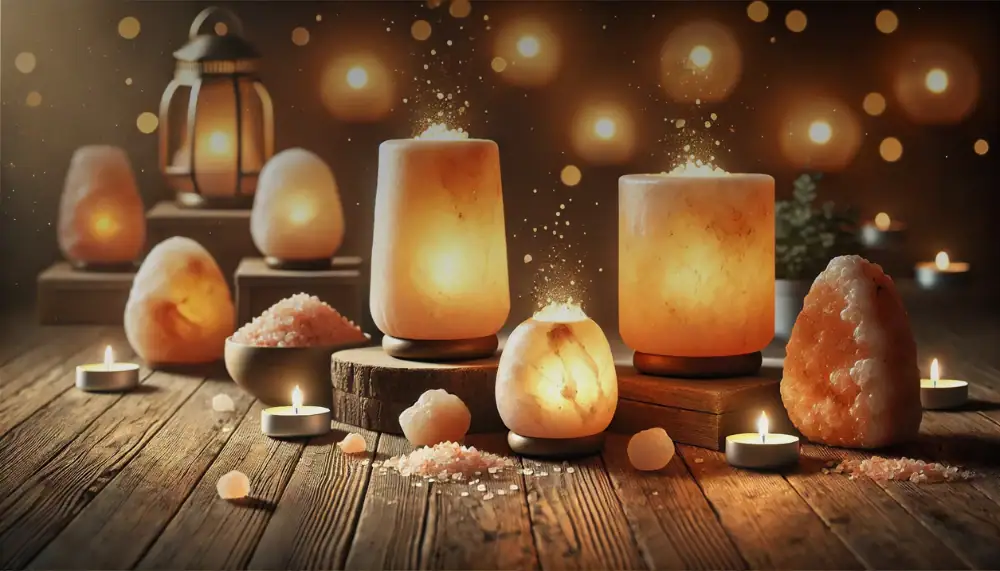 Himalayan salt lamps and candles creating a warm, calming ambiance on a rustic wooden table, perfect for home decor and relaxation.
