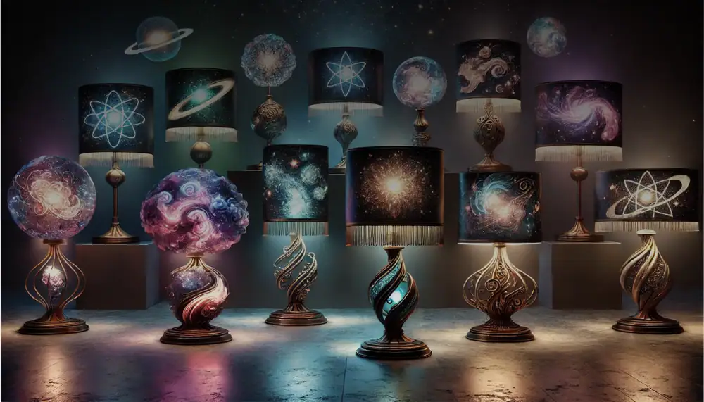 A vibrant display of galaxy-themed lamps featuring planets, stars, and cosmic designs, perfect for science enthusiasts and educational spaces.