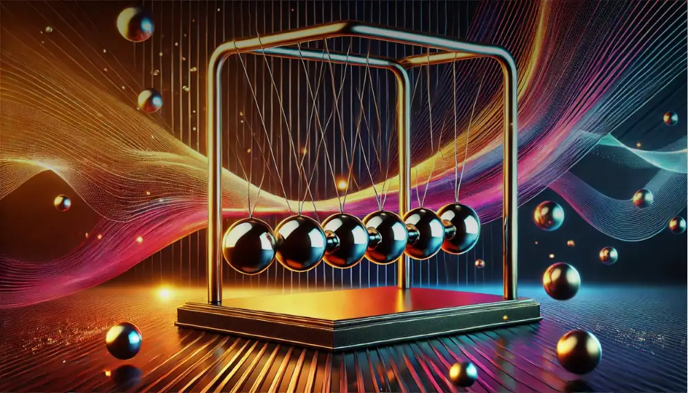 A modern Newton's Cradle with shiny metallic balls suspended from a sleek frame, set against a vibrant, colorful abstract background with dynamic light streaks.