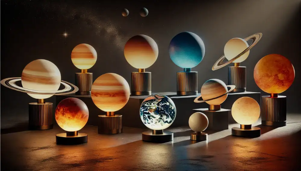 A detailed model of the solar system featuring planets, including Earth, Mars, Jupiter, Saturn, and others, displayed on stands with a dark background.