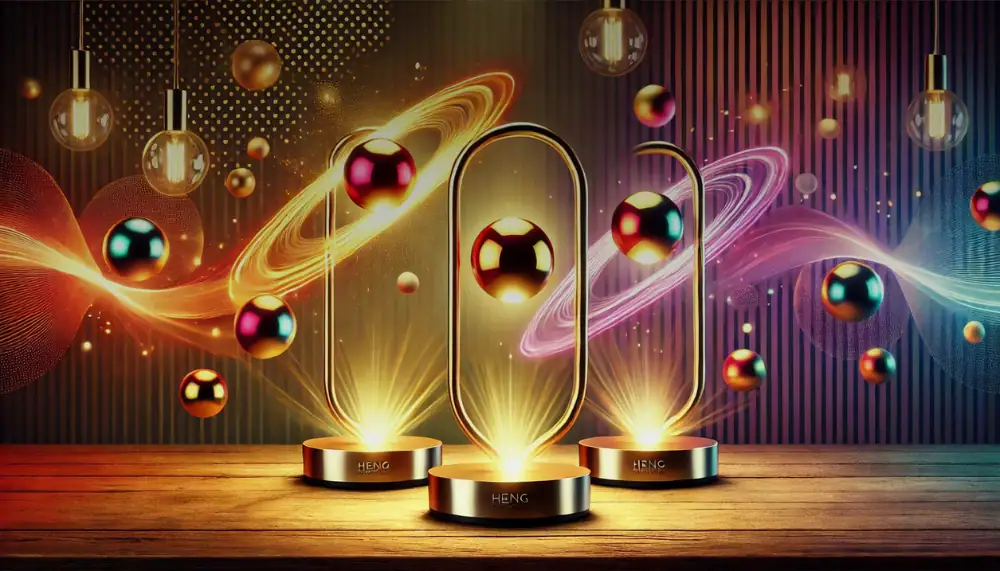 A futuristic display of levitating magnetic orbs with colorful light trails and glowing rings, showcasing innovative science gadgets and decor items.