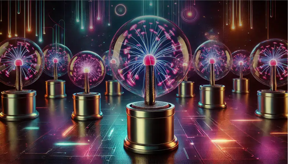 Collection of plasma balls with colorful electrical discharges on a dark background, showcasing science gadgets and educational toys for science enthusiasts.