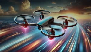 A sleek quadcopter drone equipped with LED lights flying over a vibrant, illuminated cityscape at sunset. Perfect for science enthusiasts and educational purposes.