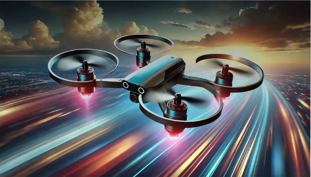 A sleek quadcopter drone equipped with LED lights flying over a vibrant, illuminated cityscape at sunset. Perfect for science enthusiasts and educational purposes.