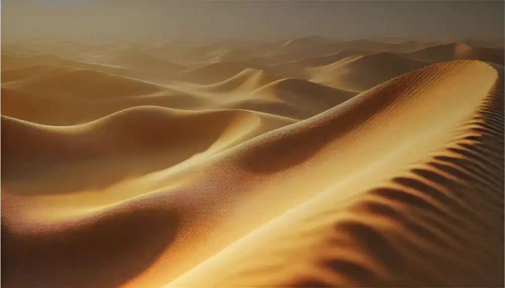 Expansive golden desert dunes with rippled textures under a warm sunset sky, showcasing natural beauty and desert landscape.