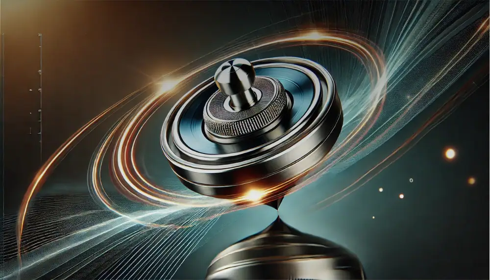 A metallic yoyo spinning rapidly with dynamic glowing energy trails and light effects, showcasing a science-inspired design perfect for educational toys and science decor.