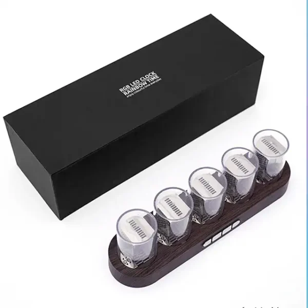 RGB LED clock kit with six individual LED displays on a wooden base, ideal for science projects and educational purposes.