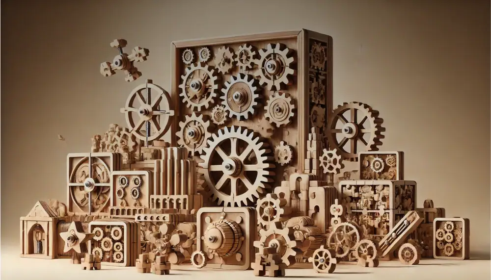 Wooden gears and cogs set for science education and decor, featuring various sizes and intricate designs for hands-on learning and creative displays.