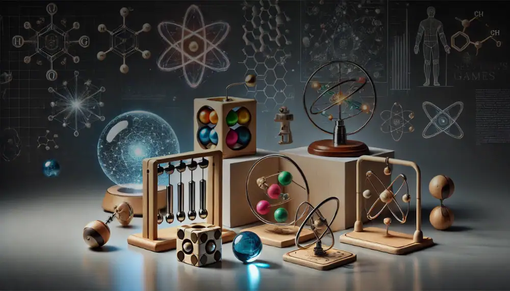 Collection of science gadgets including atomic models, molecular structures, and educational toys for science enthusiasts and decor.