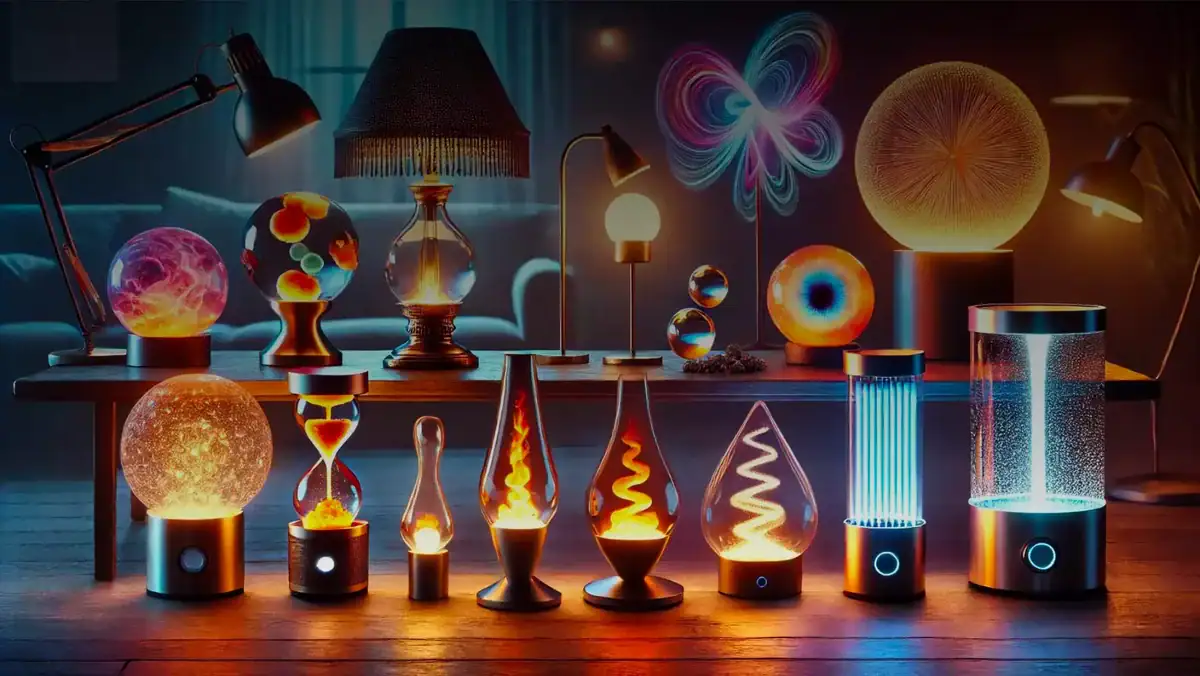 Collection of vibrant science gadgets and colorful light experiments displayed on a wooden table, showcasing various lamps, plasma balls, and LED devices for educational and decorative purposes.