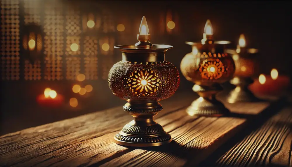 Antique metal oil lamps with detailed cut-out patterns, glowing softly in a warm, ambient setting. Perfect for adding a vintage or mystical touch to home decor or educational displays.