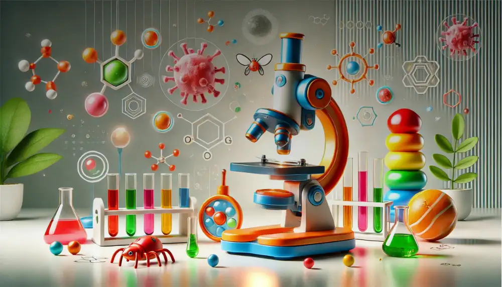 Microscope with colorful science toys and molecular models.