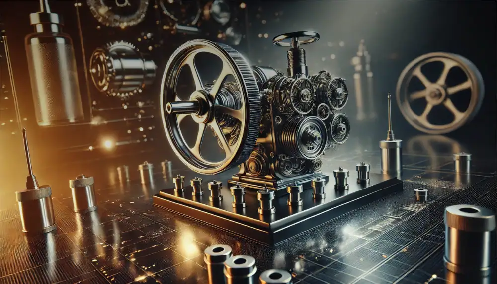 Detailed mechanical gear model with interconnected cogs and wheels, showcasing intricate engineering and precision craftsmanship.