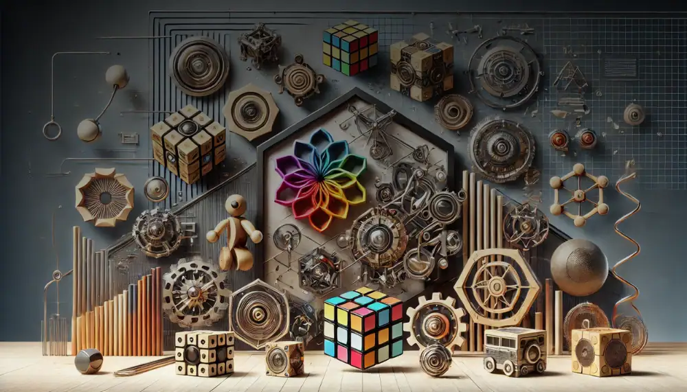 Innovative science gadgets and educational toys arranged creatively, featuring gears, Rubik's cubes, molecular models, and a colorful flower-shaped light, perfect for science enthusiasts and learners.