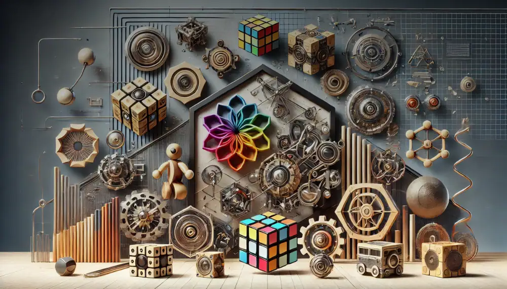A collection of science gadgets, mechanical models, and educational toys displayed on a workbench, showcasing gears, Rubik's cubes, molecular models, and scientific instruments for learning and experi.