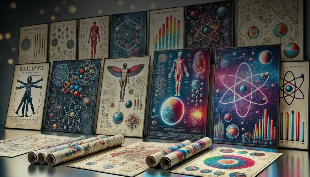 A vibrant display of science-themed posters and educational charts featuring atomic models, human anatomy, and molecular structures, perfect for science enthusiasts and educational settings.
