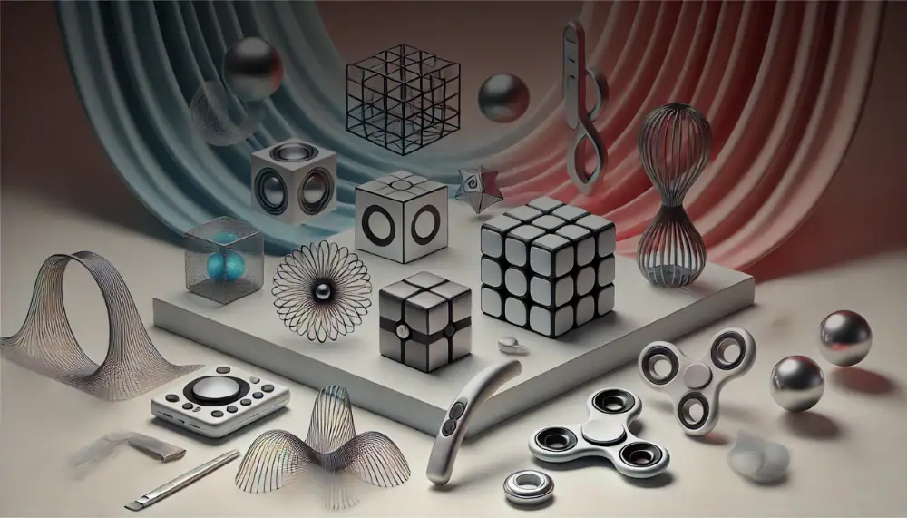Innovative science gadgets and educational toys arranged on a white platform, featuring geometric models, metallic spheres, and scientific instruments, ideal for science enthusiasts and learners.