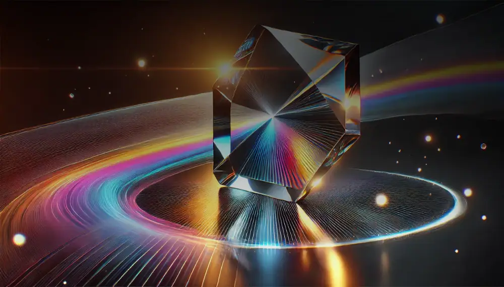 A crystal prism reflecting light into a spectrum of colors against a cosmic background.