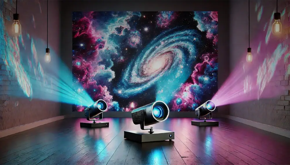Modern galaxy projection lights illuminating a room with a stunning cosmic display of stars and galaxies on the wall, creating an immersive space-themed environment.
