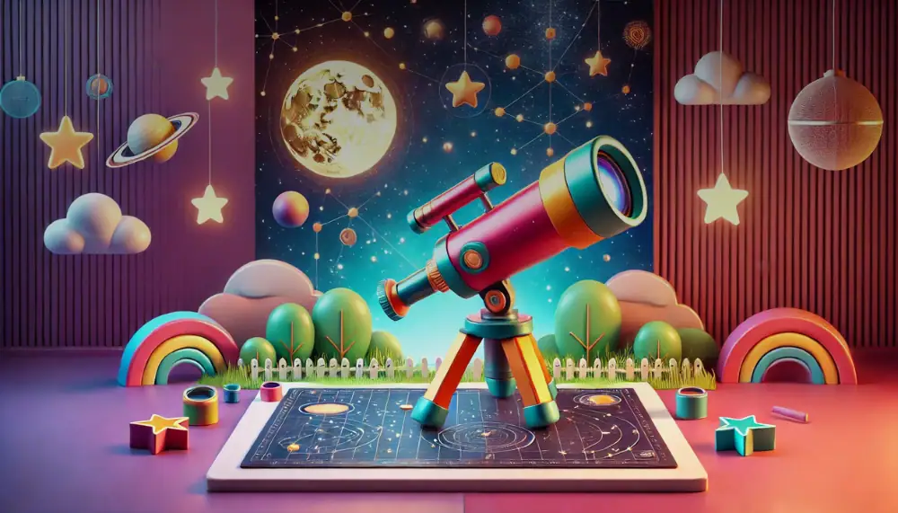 Colorful toy telescope set against a space-themed backdrop with planets, stars, and clouds, perfect for educational science decor and kids' learning environments.