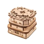 Wooden mechanical puzzle clock for educational and decorative purposes, featuring intricate gear and clock components.