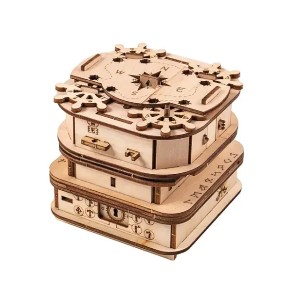 Wooden mechanical puzzle clock for educational and decorative purposes, featuring intricate gear and clock components.
