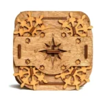 Wooden gear and compass puzzle for educational purposes, featuring interlocking gears and a detailed compass rose, ideal for science and engineering learning.