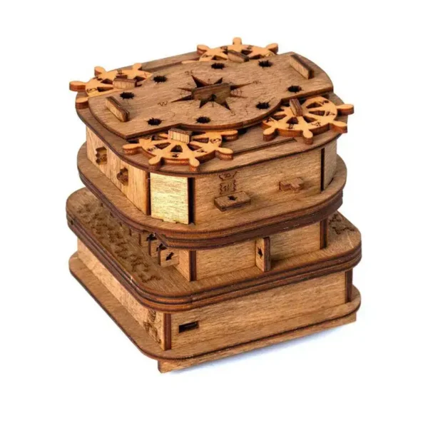 Intricate wooden puzzle box with gears and star cutouts, perfect for educational and decorative purposes.