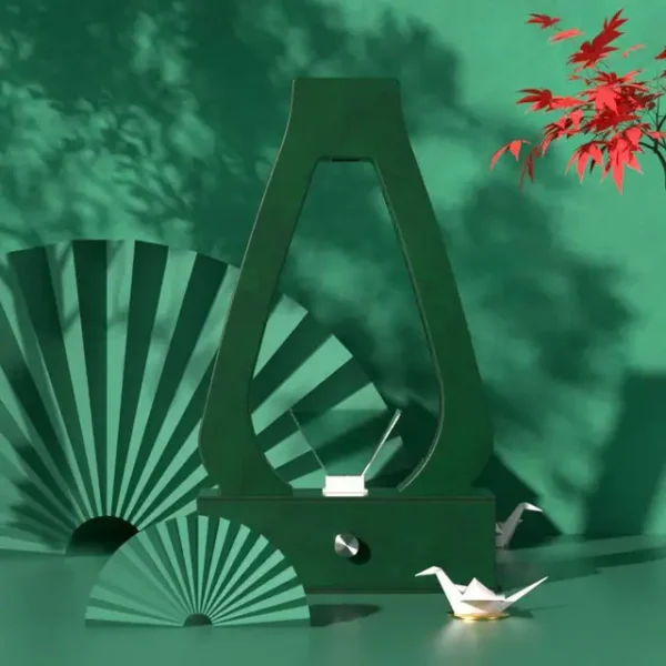 Elegant green lamp with origami cranes and fans, creating a stylish and artistic decor piece.