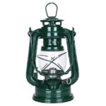 A vintage-style green oil lantern with a glass enclosure, metal handle, and wick for outdoor camping, emergency lighting, or decorative purposes.