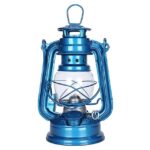 Classic blue oil lantern suitable for camping, outdoor activities, and home decor, featuring a sturdy metal frame and glass chimney for safe and reliable lighting.