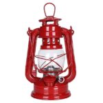 Classic red oil lantern suitable for camping, outdoor activities, and vintage decor, featuring a sturdy metal frame and glass chimney for safe, reliable lighting.