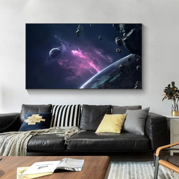 Astronomy-themed wall art featuring planets, asteroids, and cosmic nebulae for a modern science-inspired interior.