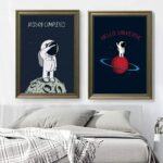 Two framed space-themed illustrations on a bedroom wall, featuring an astronaut on the moon and another on a planet with rings, with playful text "Mission Completed" and "Hello Universe".